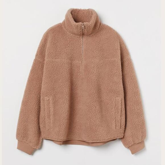 H&M Faux Shearling Pullover Sweatshirt Coat Jacket Teddy Camel Tan Beige - Picture 1 of 10